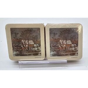 Set of 2 Vintage Avon 1978 Cork-Backed Winter Scene Coasters Set Of 6